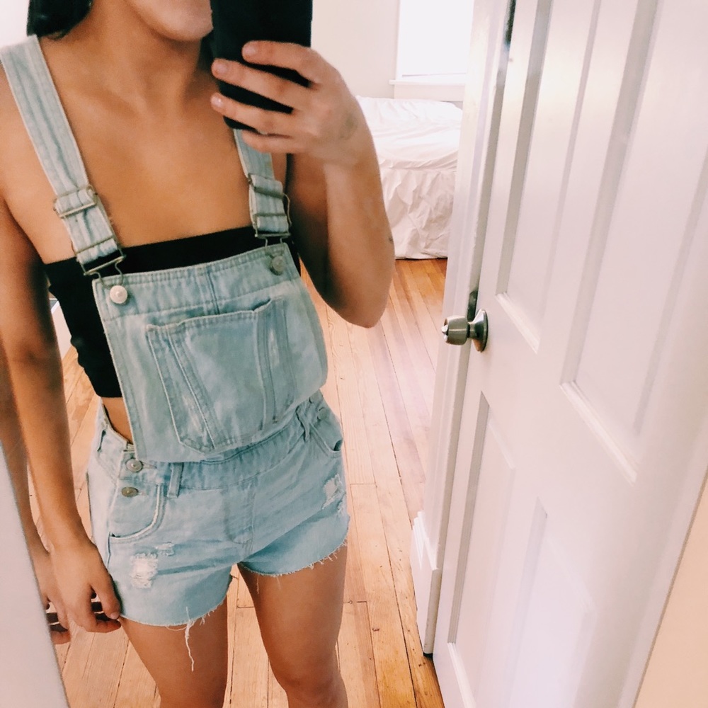 Light Blue Denim Overall Shorts